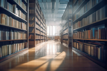 Blurred public library interior space. Learning and education concept background. Defocused bookshelves with books. Generative AI