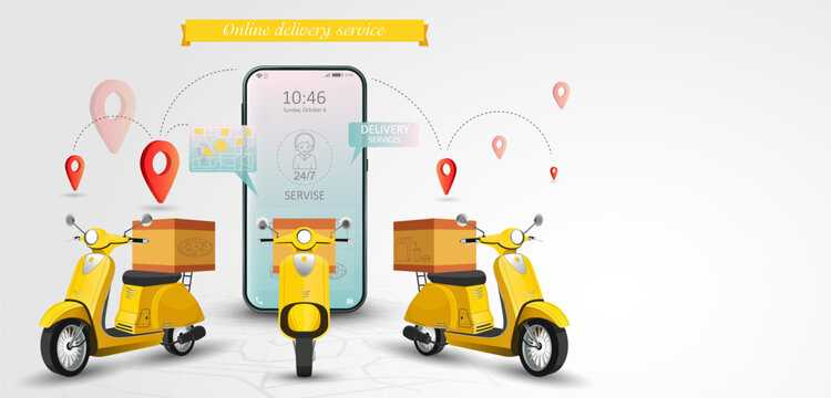 Online delivery by scooter. Food order concept with shopping website and mobile app template. Web banner vector illustration