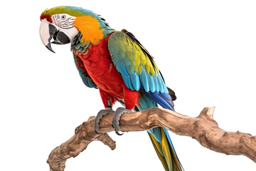 Macaw on a branch isolated on white, transparent background, PNG, generative ai