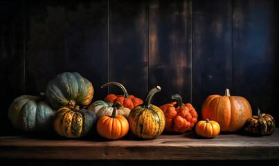 halloween pumpkins and other fall decorations lined up on a black wooden background