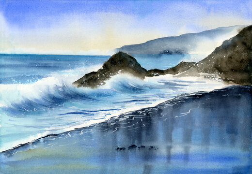 Watercolor illustration of an oceanic sandy shore near the blue ocean with waves rolling on the shore and rocks in the water