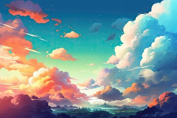 Fototapeta na wymiar Anime cartoon neon game background, app gaming background sky with clouds and bright cyberpunk colours, colourful bg background wallpaper