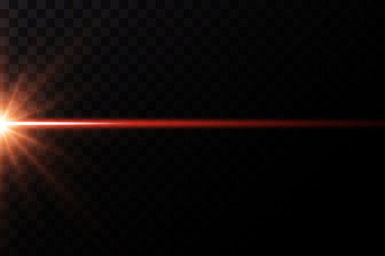 Red neon line, star flare, flare. Blurred lens light effect on black background.