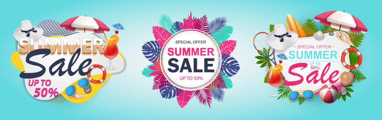Summer sale promotion banners with colorful beach elements and palm leaves. Design for placard, social media banner, brochure, flyer, poster, vector illustration