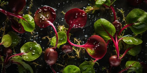Fototapeta na wymiar AI Generated. AI Generative. Photo realistic shot illustration of germinated beet sprouts pattern background. Eco healthy organic lifestyle vibe. Graphic Art