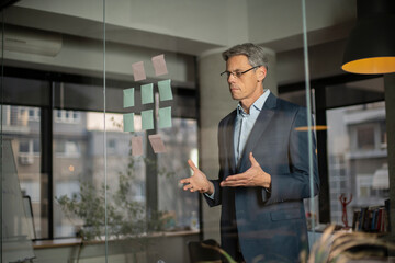 Portrait of successful businessman in office. Man writing ideas on colorful stickers on glass wall