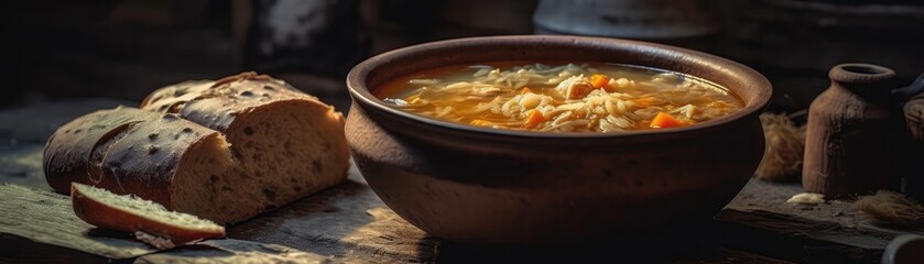 Hutsul Kapusniak Cabbage Soup On Stone Rustic Pub Ukrainian Dishes Wide Panoramic. Generative AI