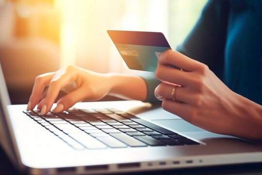Woman, laptop and credit card with ecommerce, closeup of hands with online shopping and bank app