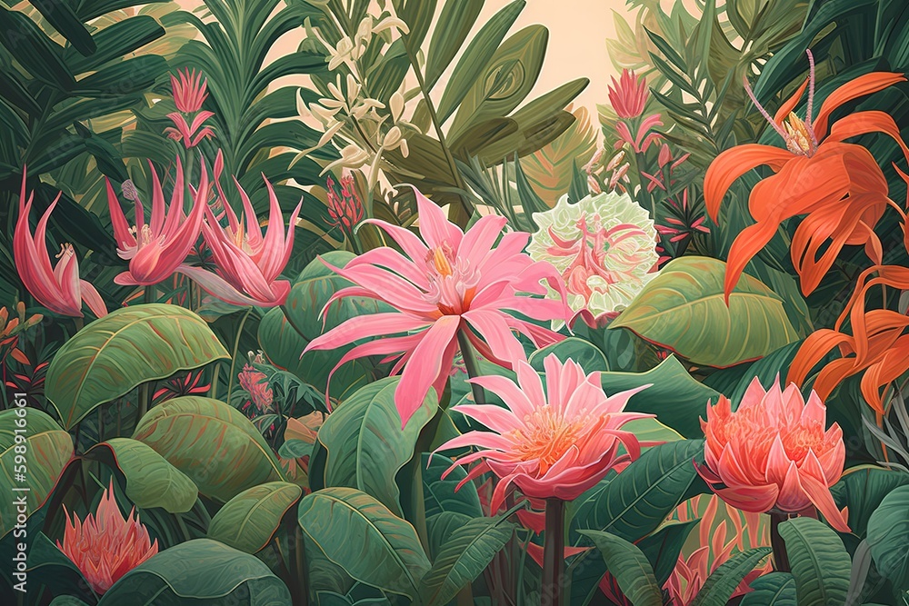 Poster a picture of flowers in a tropical location as an example generative ai generative ai