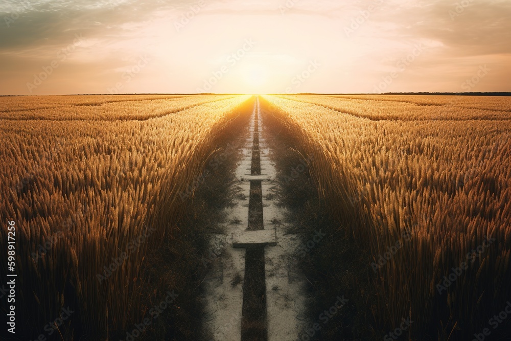Poster a wheat field is illuminated by the setting sun. generative ai generative ai
