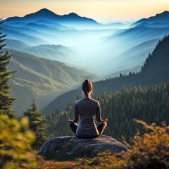 Naklejka na ściany i meble Tranquil Yoga Meditation at Sunset, Breathtaking Mountain View, Travel Lifestyle Inspiration, Serenity, Generative AI