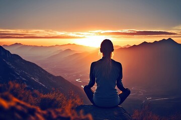Tranquil Yoga Meditation at Sunset, Breathtaking Mountain View, Travel Lifestyle Inspiration, Serenity, Generative AI