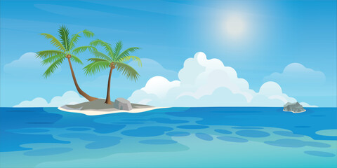 Fototapeta na wymiar Small tropical island with palm trees at the ocean in sunny day flat design. Travel in summer season concept vector illustration background.