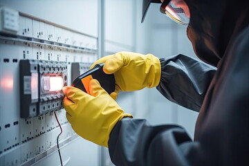 closeup worker tester measuring voltage and current of power electric line in electical cabinet control