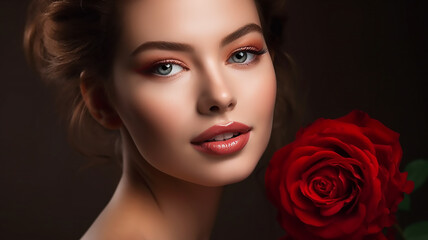 Beautiful model with a rose, Perfect makeup, close up, Nice smile, generative AI 