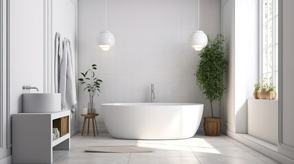 Fototapeta na wymiar Poster, wall mockup in white cozy bathroom interior background. Generative Ai