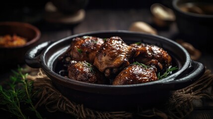 Macro Photo Chicken Adobo On Stone Rustic Pub. Generative AI