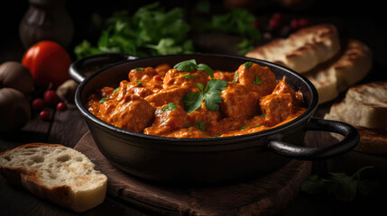 Macro Photo Chicken Tikka Masala On Stone Rustic Pub. Generative AI