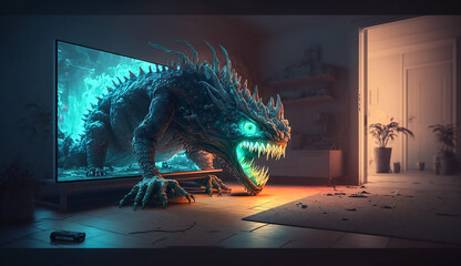Ein Monster kommt aus einem Videospiel heraus KI - obrazy, fototapety, plakaty