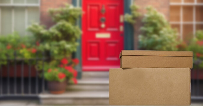 Delivered Outside The Door, E-commerce Purchase On Welcome Mat. Add Your Own Copy And Label, Package Delivery On Steps Red Front Door. Copy Space