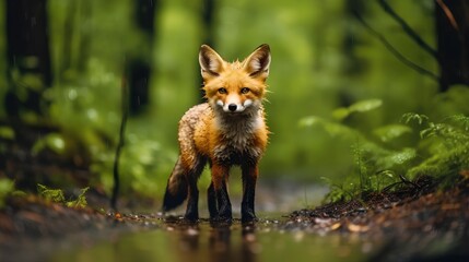 Naklejka na ściany i meble Little Fox In Rain Forest, Image Ai Generated
