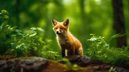 Little Fox In Rain Forest, Image Ai Generated