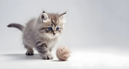 Cute tabby fluffy kitten playing with pet toy. AI generated
