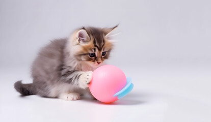 Fototapeta na wymiar Cute fluffy kitten playing with pet toy. AI generated