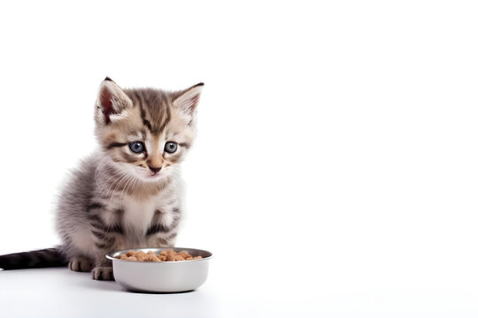 Cute tabby kitten sitting near the bowl of pet food. AI generated