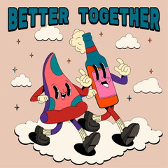 better together. Psychedelic, groovy retro cartoon pizza and beer character. Funny faces with vibrant colors. Crazy vector illustration.