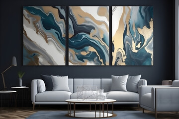 3d abstract marble wallpaper for wall decor. Resin geode and abstract art, functional art, like watercolor geode painting. Golden, navy blue, and cream gray background in three frames on the wall