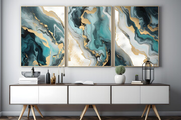 3d abstract marble wallpaper for wall decor. Resin geode and abstract art, functional art, like watercolor geode painting. Golden, navy blue, and cream gray background in three frames on the wall