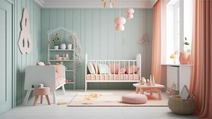 Cozy nursery interior background, Scandinavian style. Generative Ai