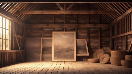 Frame mockup in cozy barn interior background, 3d render. Generative Ai