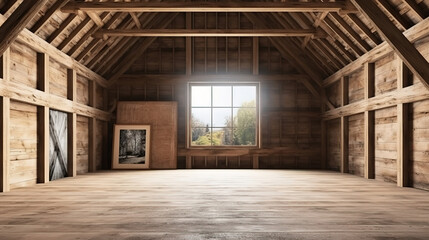 Frame mockup in cozy barn interior background, 3d render. Generative Ai