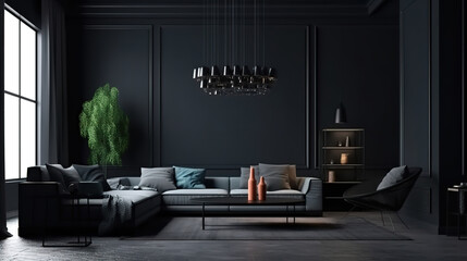Home interior, luxury modern dark living room interior. Generative Ai