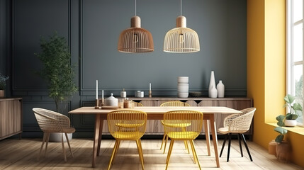 Mock up frame in cozy modern dining room interior. Generative Ai