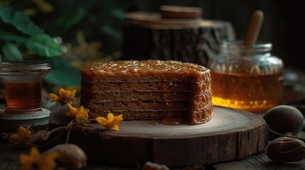 Macro Photo Medivnyk Honey Cake On Stone Rustic Pub Ukrainian Dishes. Generative AI