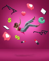 Contemporary art collage with charming girl in fashion look with heels levitating among different...