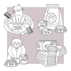 Set of elements for animals, cats, dogs. Pet care. Line art.