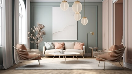 Mockup frame in scandinavian farmhouse living room interior. Generative Ai