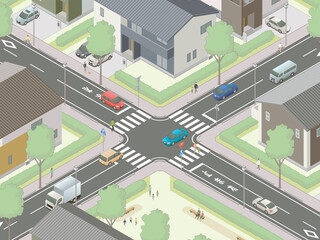 アイソメトリック図法で描いた日本の住宅街にある一時停止交差点イメージA / Japanese crossroads. Isometric illustration