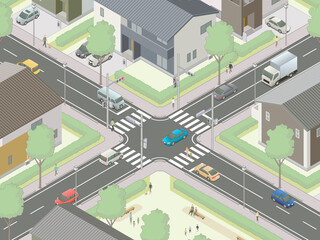 アイソメトリック図法で描いた日本の住宅街にある信号交差点イメージA / Japanese intersection. Isometric illustration