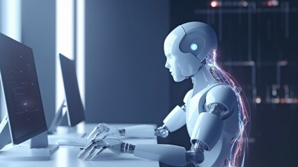 future concept of a humanoid robot with artificial intelligence using a computer.  The Generative AI