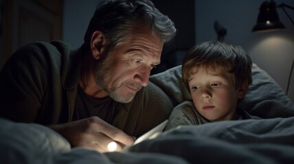 studying till the wee hours. a father reading to his little kid in bed while they both use tablets.  The Generative AI
