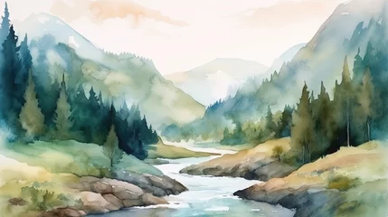 Poster Watercolor landscape with mountains, forest and river in front. beautiful landscape. © Svfotoroom