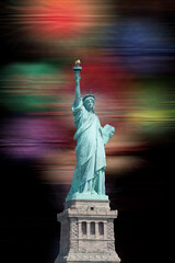 Statue of Liberty and fireworks in black sky, 4th of July concept