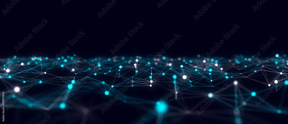 Aufkleber Music wave of particles and lines. Big data visualization. Abstract blue background with a dynamic wave. 3d rendering.