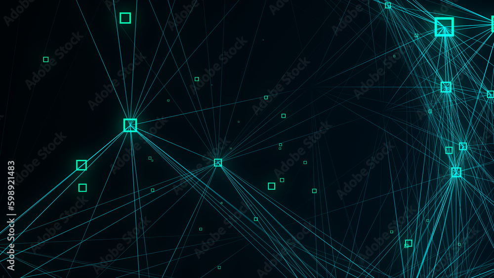 Leinwandbilder Block chain technology concept. Big data visualization. Artificial intelligence. Green network connection structure. Abstract digital background with matrix. 3d rendering.
