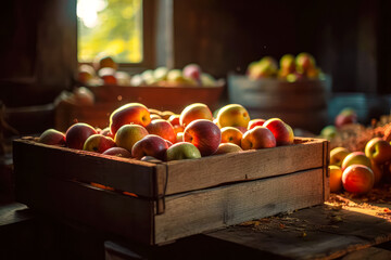 Agriculture and harvesting concept with fresh apple fruits in wooden boxes, farm garden with apple trees. Ai generated